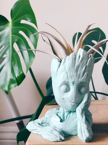 Mint green baby groot concrete/cement planter with airplant